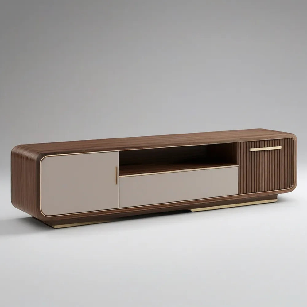 Moderní TV stolek z MDF s ořechovou dýhou, hnědý/béžový/zlatý, 180 × 40 × 45 cm