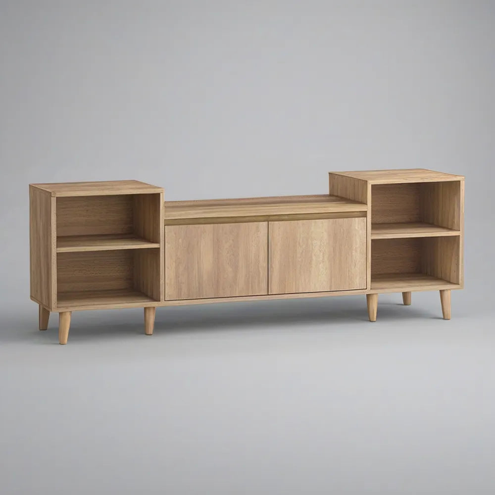 TV stolek se 2 dvířky a 4 otevřenými přihrádkami, přírodní dub, 180 × 40 × 75 cm