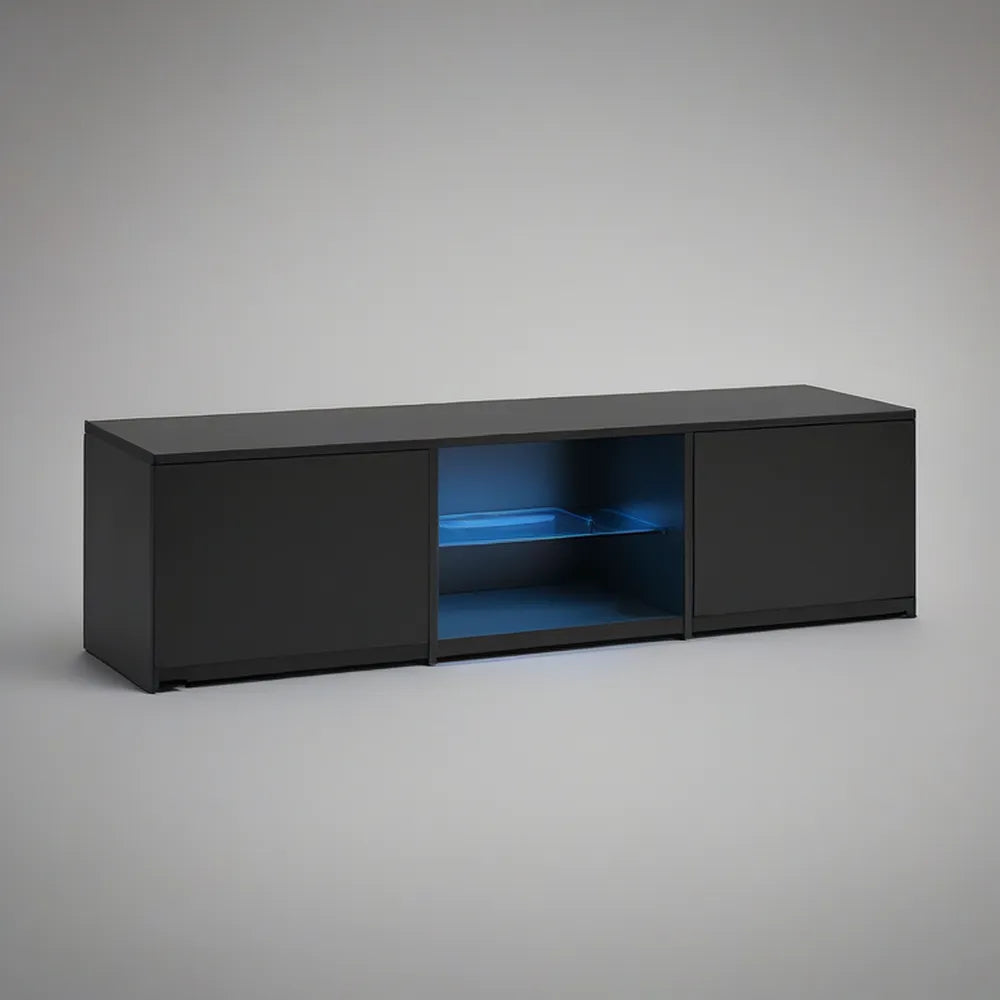 Černý TV stolek z MDF se 2 skříňkami, otevřenou policí a modrým LED osvětlením, 160 × 40 × 45 cm