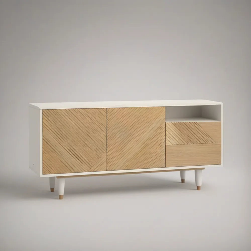 TV stolek z MDF v bílé barvě a dekoru přírodního dubu, 160 × 40 × 70 cm