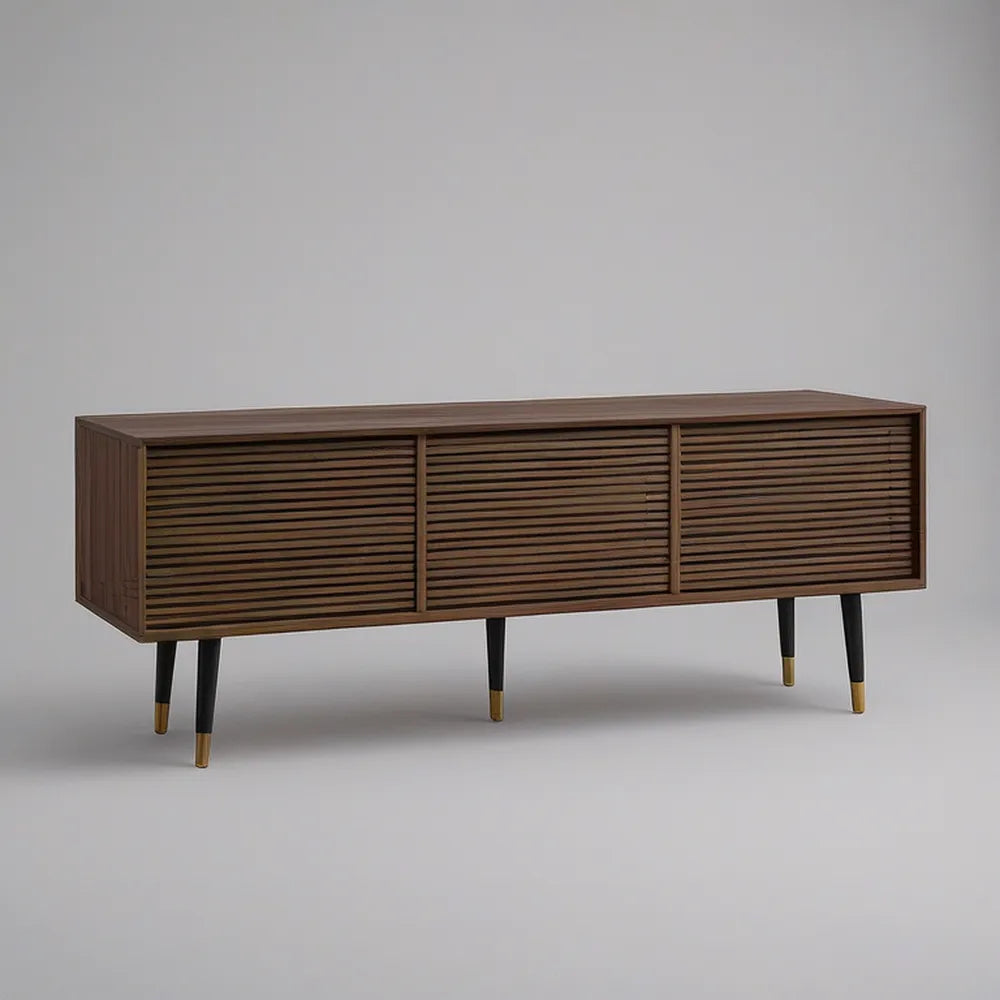 TV stolek se 3 posuvnými lamelovými dvířky, 180 × 40 × 65 cm, tmavě hnědý/černý/zlatý