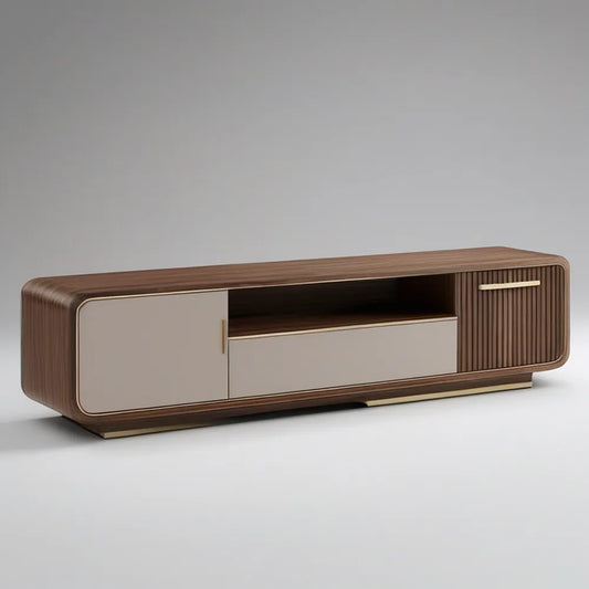 Moderní TV stolek z MDF s ořechovou dýhou, hnědý/béžový/zlatý, 180 × 40 × 45 cm