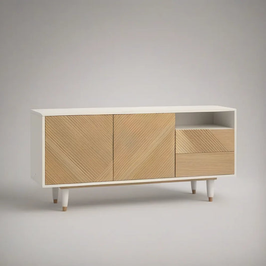 TV stolek z MDF v bílé barvě a dekoru přírodního dubu, 160 × 40 × 70 cm