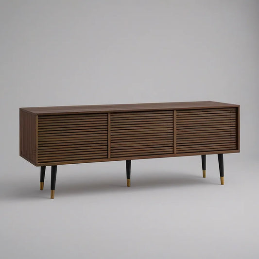 TV stolek se 3 posuvnými lamelovými dvířky, 180 × 40 × 65 cm, tmavě hnědý/černý/zlatý