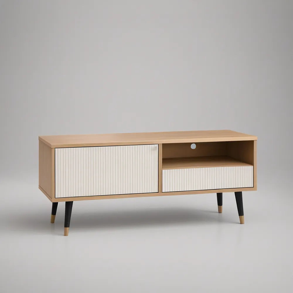 TV stolek s posuvnými dvířky, otevřenou přihrádkou a zásuvkou 140 × 40 × 60 cm, dubový/bílý/černý